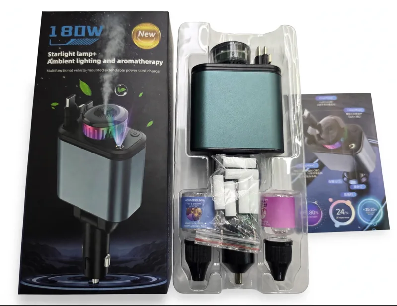 LC-049 5 in 1 180W Starlight Lamp Ambient Lighting Aromatherapy Car Charger Retractable Type C iPhone Cables - 120W Type C - Car Fragrance Diffuser